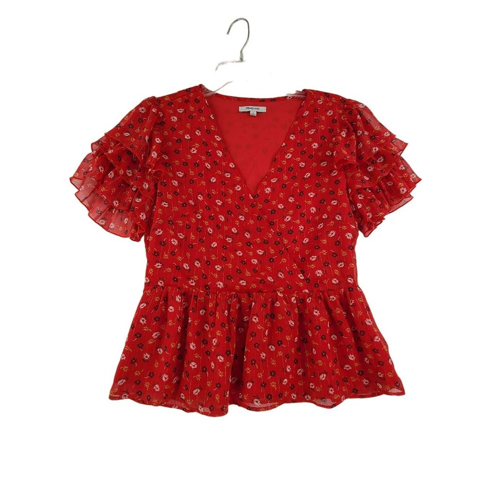 Madewell Women's Short Sleeve V neck Blouse Peplum Hem Top Orange Size 8